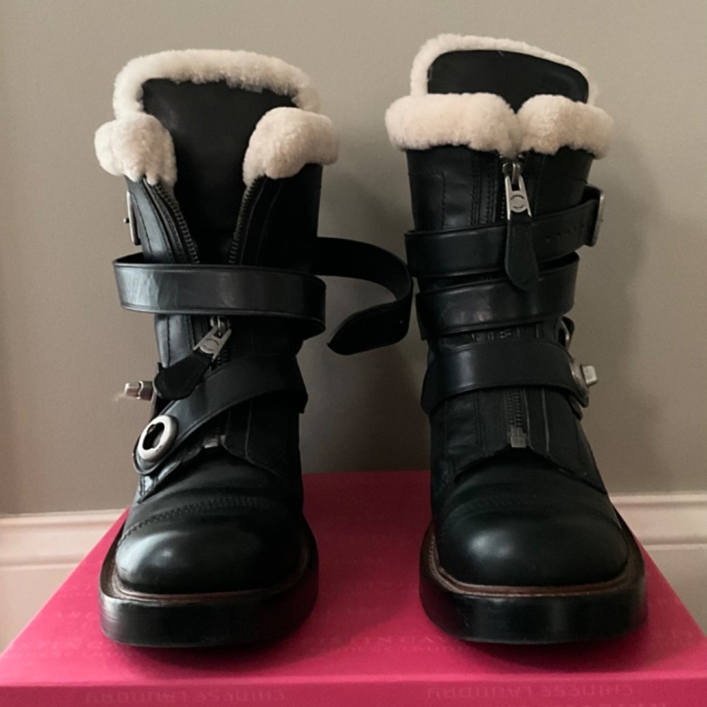 Coach Moto Black Leather & Fur Boot Size 7.5 - Picture 2 of 6